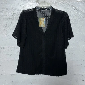 Herlollychips Womens Small Top Black Swiss Dot Crochet Flutter Sleeve Semi Sheer - Picture 1 of 8