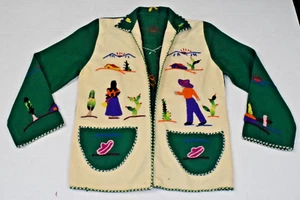 Vintage Wool Jacket Size S/M 50s Mexican Souvenir Embroidered 2 Tone Green Ivory - Picture 1 of 7