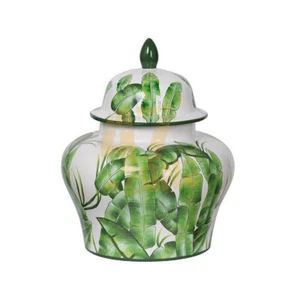 Urna de porcelana Lovise con tapa de palma ancha verde blanca interior exterior decoración del hogar - Imagen 1 de 16