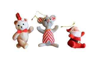 Vintage Kitsch Flocked Plastic Christmas Ornament Mouse Woolco Santa Teddy Bear - Picture 1 of 12