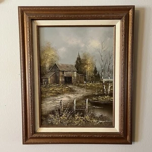J. Medina Signed Oil Painting On Canvas Barn Farm Landscape Country Art Vintage - Picture 1 of 12