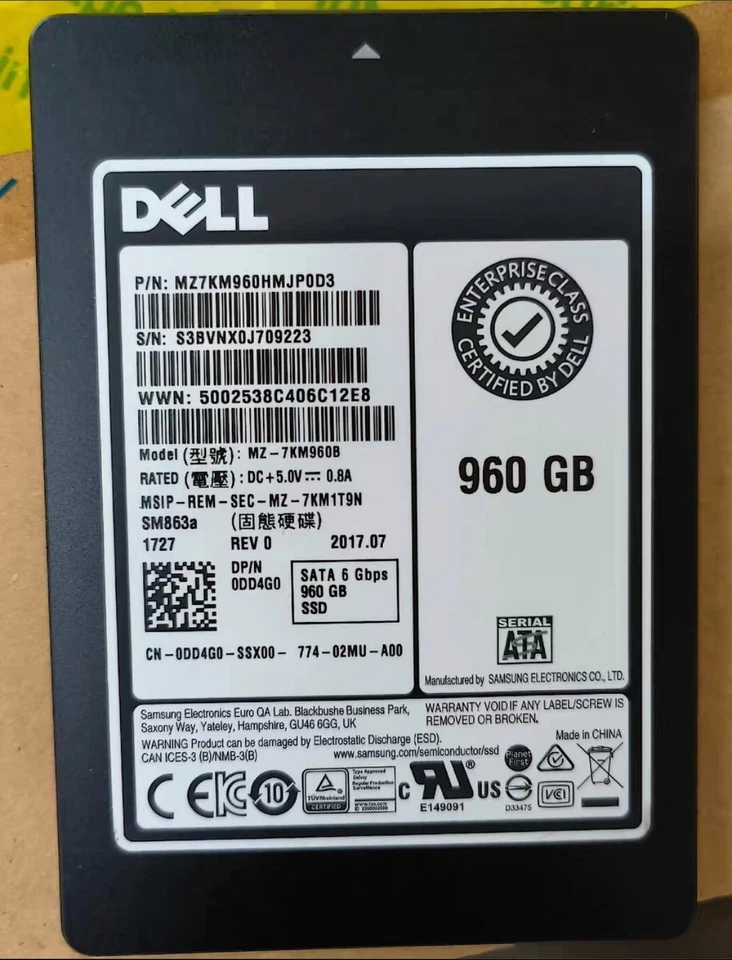 960GB Samsung SM863a SSD MZ-7KM960B SATA 6 Gbps MZ7KM960HMJP0D3 DELL 0DD4G0 - Image 1 of 1