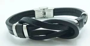 Neu Unisex Schwarz Leder Doppel Knoten Ewigkeit Armband mit Silber Verschluss - Bild 1 von 5
