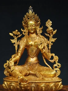 Antiguo templo budista tibetano de 8,3" bronce dorado verde Tara Buda estatua - Imagen 1 de 8