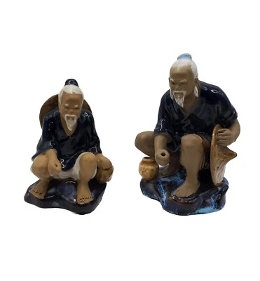 Chinese Mudman Fisherman Figure Figurine Glazed Set Of Two Ornament Stamped  - Image 1 of 4