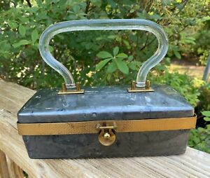 Vtg Dorset Rex Gray Marbleized Lucite Box Purse Evening Hand Bag REPAIRED AS IS