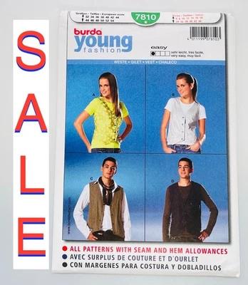 burda Young - Pattern 7810 - Semi-fitted Vest Womens S 8-18 Mens S 34-44 - Uncut - Image 1 of 2