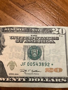 RARE $20 Bill 2009 Star Note UNCirculated Condition LOW #JD00543892⭐️ - Picture 1 of 3