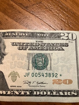 RARE $20 Bill 2009 Star Note UNCirculated Condition LOW  #JD00543892⭐️ - Image 1 of 3