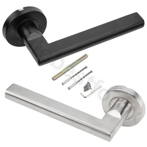 Internal Door Handles Curved Chrome/Black Straight Lever on Rose Door Handle Set - Picture 1 of 21