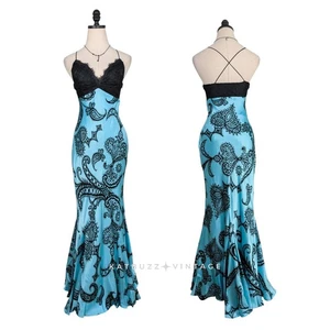 Vestido de graduación vintage Maxi vestido 2 azul negro Y2K seda babydoll encaje satinado sirena - Imagen 1 de 12