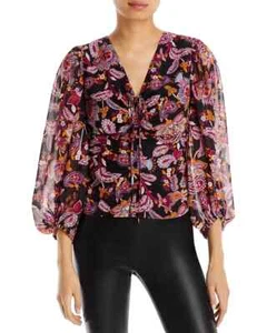 Aqua Womens Chiffon Black Floral Paisley Shirt Blouse Top Medium B4HP - Picture 1 of 2