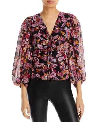 Aqua Womens Chiffon Black Floral Paisley Shirt Blouse Top Medium B4HP - Image 1 of 2