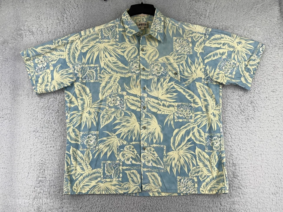 Camisa Campia Moda Para Hombre Extra Grande Azul Abotonada Hawaiana Floral Hoja Algodón Foto 1 de 4