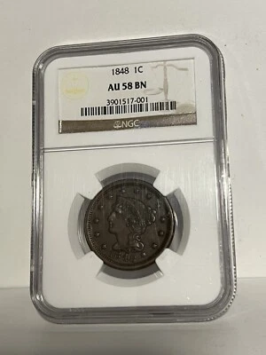 1848 (NGC AU58 BN) Braided Hair Large Cent 1c - Image 1 of 2