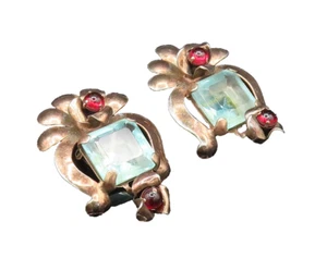 925 Sterling Silver Vintage Garnet & Blue Topaz Non Pierced Earrings EG11810 - Picture 1 of 8