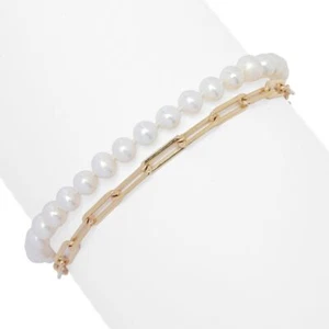 Imperial Pearl Freshwater Cultured Pearl & Paperclip Chain 2-Row Bracelet - Picture 1 of 4
