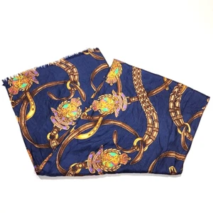 Vtg Ralph Lauren Equestrian Silk Scarf Navy Blue Logo Crest Horseshoes Fringe - Foto 1 di 3
