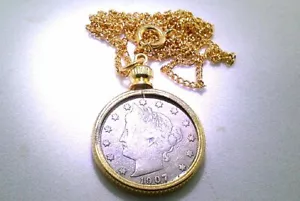 Liberty Nickel Asstd Dates 5 Cent Pendant Goldplated Pendant 18 Inch Chain ES329 - Picture 1 of 2