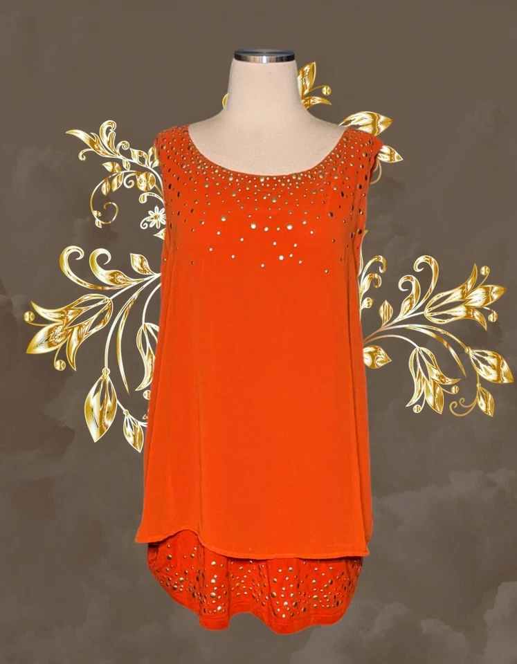 Blusa sin mangas DESIGN HISTORY naranja con cuentas en capas CHIFFON Plus 1X para mujer Foto 1 de 4