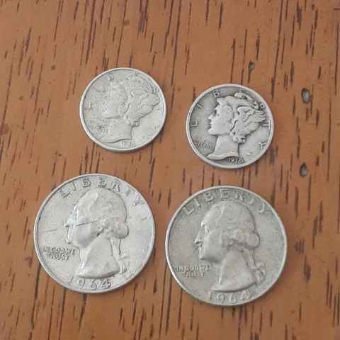Lot of (4) 90% Silver Coins. 2-1964 Washington Quarters & 2-Mercury Dimes (D) Cover
