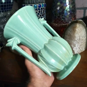 Vintage McCoy Pottery Trophy Style Double Handle Aqua/Turquoise/Teal/Green Vase - Picture 1 of 21