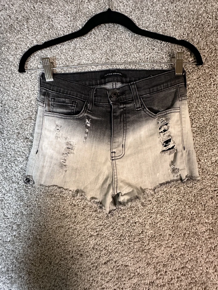 Pantalones Cortos Jean Flying Monkey Dos Tonos Envejecidos S Negros Tiro Alto Corte Informal Foto 1 de 4