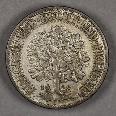 1928 F Germany Weimar Republic Silver 5 Mark Oak Tree - Image 1 of 2