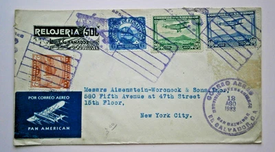 EL SALVADOR 1933 Air Mail Cover from El Salvador - NY City with Bi-Plane cancell - Image 1 of 4