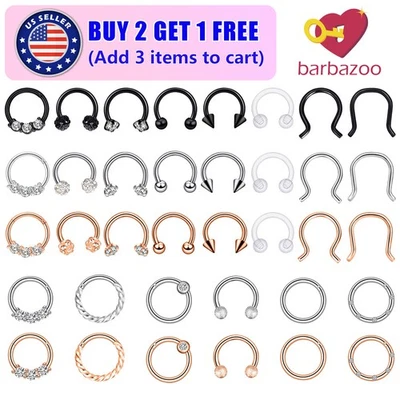 6-12pcs Titanium Horseshoe Nose Rings Circular Barbell Earrings Septum Piercing - Image 1 of 4