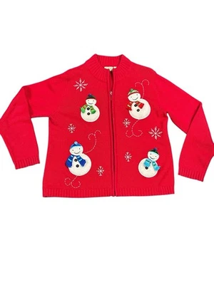 Vintage Classic Elements Sweater Ugly Christmas Full Zip Petite Large Snowman - Image 1 of 4