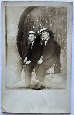 RPPC Real Photo Postcard - Man & Boy Posing On The Man In The Moon  - Image 1 of 2