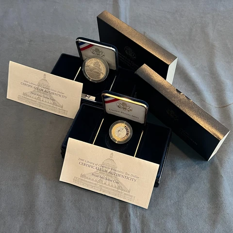 2000 Library of Congress Proof $10 Bimetallic & Silver Dollar w/COA's - FSUSA Cover