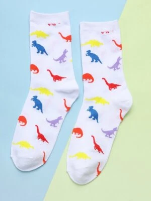 Ladies White Dinosaur Cotton Novelty Socks. One size stretchy.