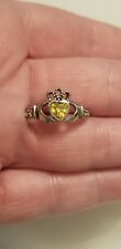 Vintage Sterling Silver Yellow Topaz Claddagh Ring Sz 6.5 CZ Accent Stones EUC