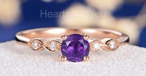 1ct Round Cut Natural Amethyst & Diamond 14k SOLID Rose Gold Engagement Ring - Picture 1 of 4