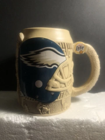 Philadelphia Eagle Miller Lite BEER MUG Stein  Ceramic Football Laces Handle NFL Cover