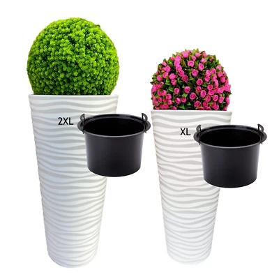 Blumenkübel Slim Rund Welle Extra Hoch Blumentopf weiß SET 2: XL XXL Effekt 3D - Bild 1 von 4