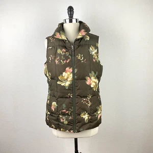 Lands’ End Down Puffer Vest Brown Floral Small 6-8 Zip Front Snap Pockets Fall - Picture 1 of 11