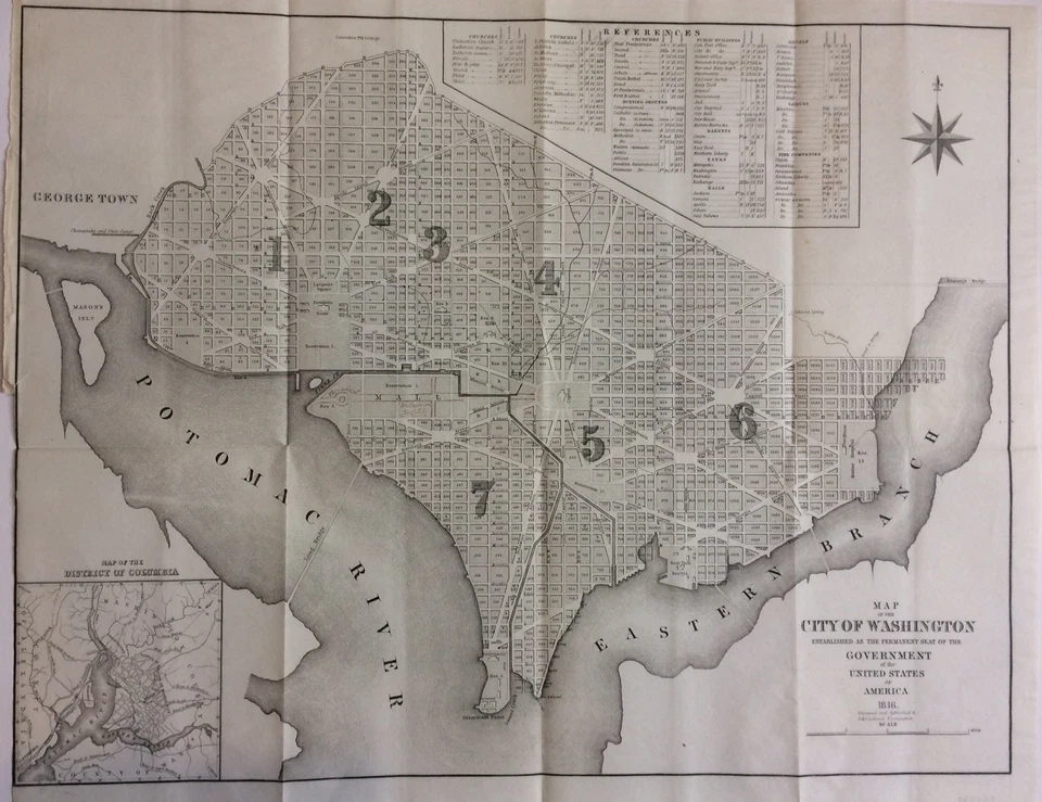 Washington D.C. 1854 Original Joseph Varnam Map District of Columbia  - Image 1 of 1