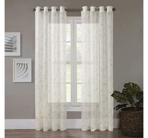 regal Home Leaves Print Grommet Sheer Curtain Panel Ivory Linen White 50x84 - Picture 1 of 8
