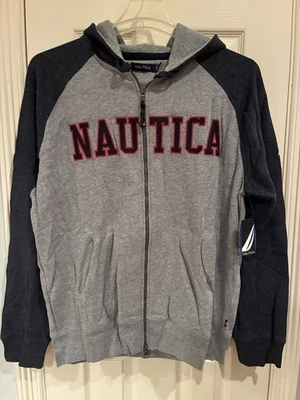 Moletom com capuz Nautica masculino logotipo zíper completo azul marinho cinza tamanho G novo com etiquetas - Imagem 1 de 4