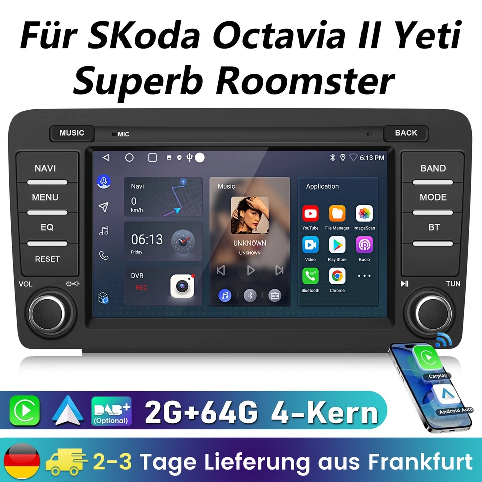 64G Android 14.0 Für SKoda Octavia II Yeti Superb Roomster Autoradio Carplay GPS - Bild 1 von 4