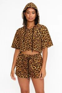 Damen Leopardenmuster Hoodie bauchfreies Oberteil & Shorts Set M/L neu mit Etikett Tiermotiv Lounge - Bild 1 von 16
