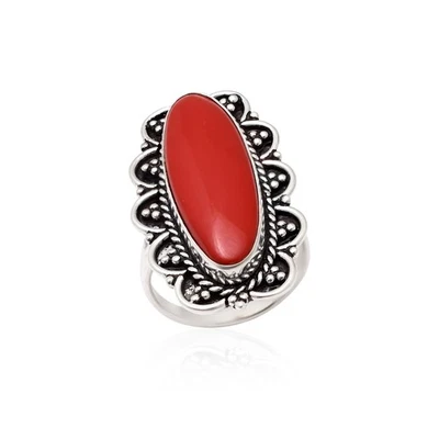 Anillo de mujer de plata de ley 925 hecho a mano largo ovalado con piedras preciosas de coral rojo todas las tallas Foto 1 de 4