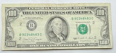 1990 Vintage Franklin Off Center $100 Note - New York - B - 100 - Hundred $ Bill - Image 1 of 2
