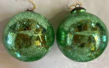2 Midwest KUGEL Green Crackle Glass 4” Dia. Christmas Ornaments