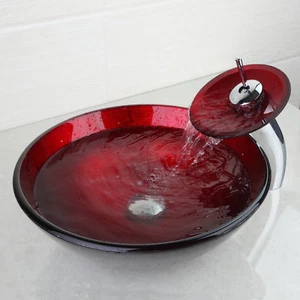 Red Bathroom Vessel Sink Tempered Glass Round Bowl Waterfall Brass Mixer Tap Set - Picture 1 of 6