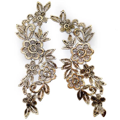 Costume Lace Applique Floral Embroidery Wedding Motif Evening Dress Trim 1 Pair - Image 1 of 4