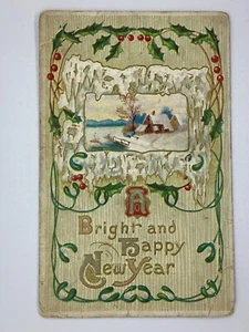 Postcard Bright Happy New Year Embossed Winter Scene H102 - Picture 1 of 2